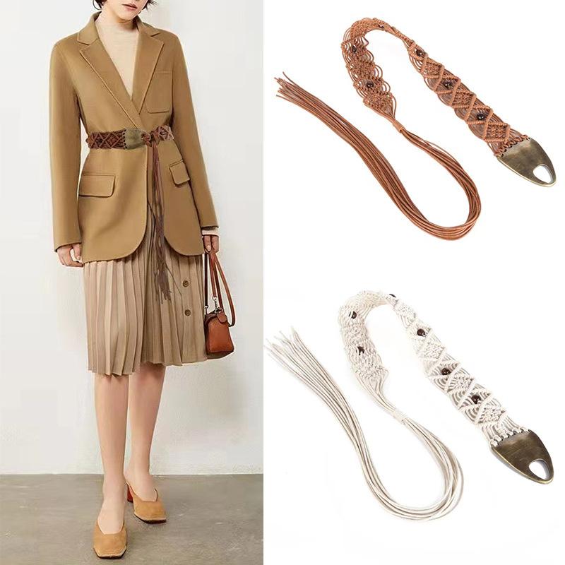 ベルト レディース エスニック風 レトロ ワックスコード 編み込み ウエストマーク サッシュベルト 円錐形 メタルバックル ワンピース ドレス 装飾 ウエストチェーン