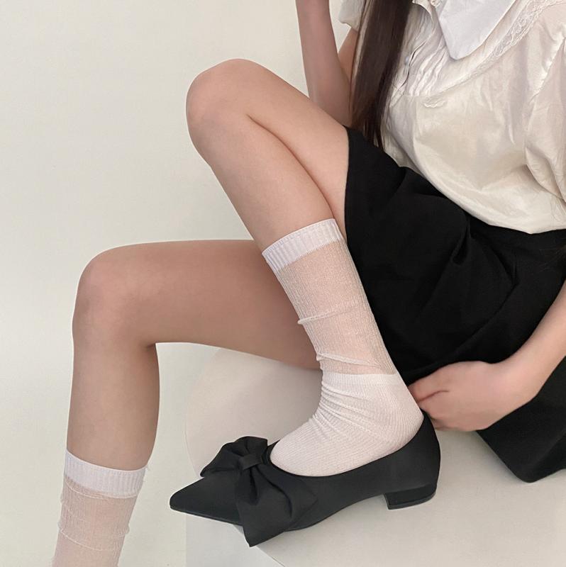 通気性 シアー ラメ キラキラ 2way 切り替え ミドル丈 ルーズソックス レディース 春夏 薄手 韓国風 お..