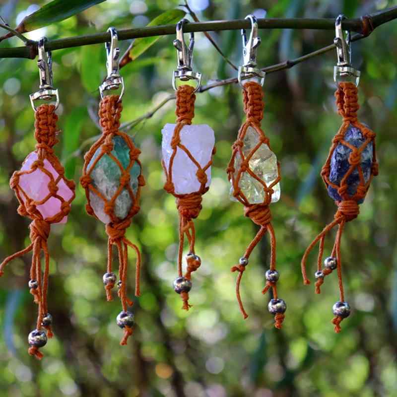 キーホルダー 天然石 パワーストーン アメジスト タイガーアイ 原石 不揃い 手編み ネットポーチ お守り キーリング 車用 バッグチャーム ファッション雑貨 男女兼用(x2)