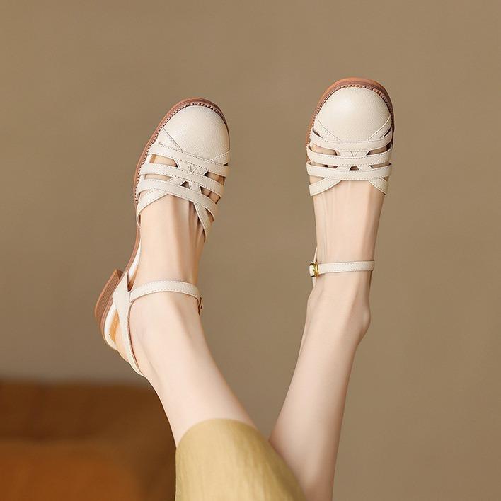 サンダル レディース 本革 レザー 太ヒール ミドルヒール つま先カバー バックレス ワンストラップ ラ..