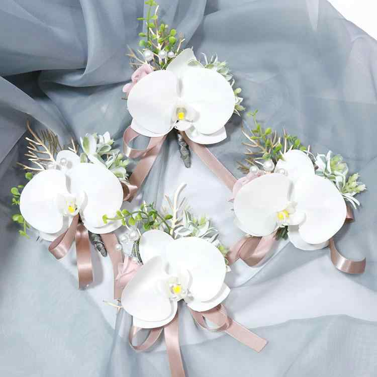 造花 コサージュ ブートニア リストコサージュ 結婚式 ウェディング フォーマル セレモニー パーティー 披露宴 撮影小物 フォトプロップス ホワイト 胡蝶蘭 アートフラワー 布製 ビジネスギフト(x2)