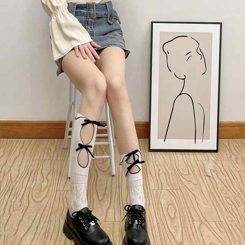 靴下 レディース 摩擦防止 春夏 レトロ ダブル 透かし編み リボン 花柄 レース シアー メッシュソック..