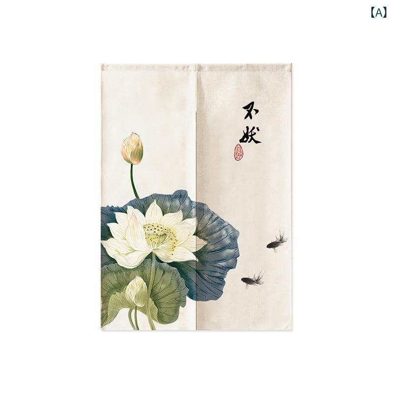 のれん 目隠し 間仕切り 綿麻混紡 布製 キッチン 店舗用 業務用 新中式 和モダン アジアン デザイン柄 ショート丈 豊富なサイズ展開(x2)