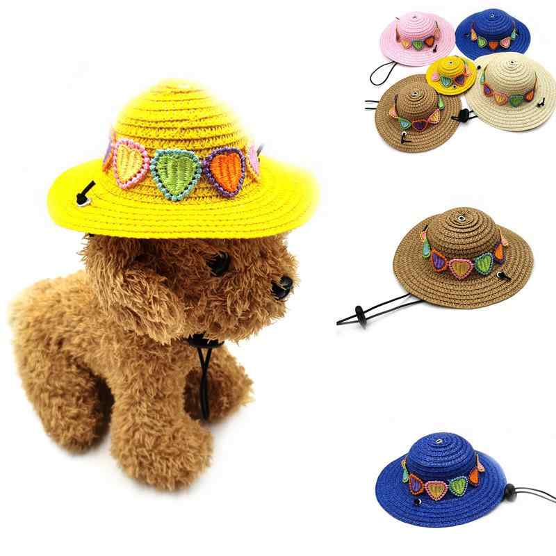 麦わら帽子 犬 猫用 ペット ハート 刺繍 レース 誕生日 頭飾り ストローハット かわいい プリンセス風 ..