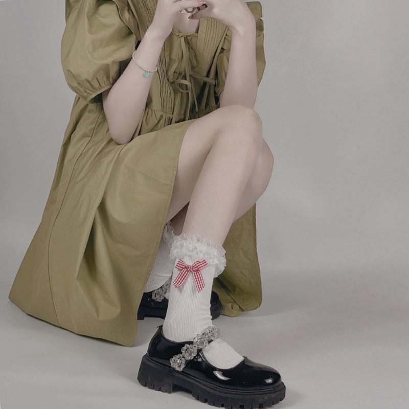 ルーズソックス レディース 通気性 抗菌 吸汗 シームレス かわいい スイート ロリータ風 ガーリー チェック柄 リボン オーガンジーレース フリル ストライプ コットン 春秋 白 普段使い