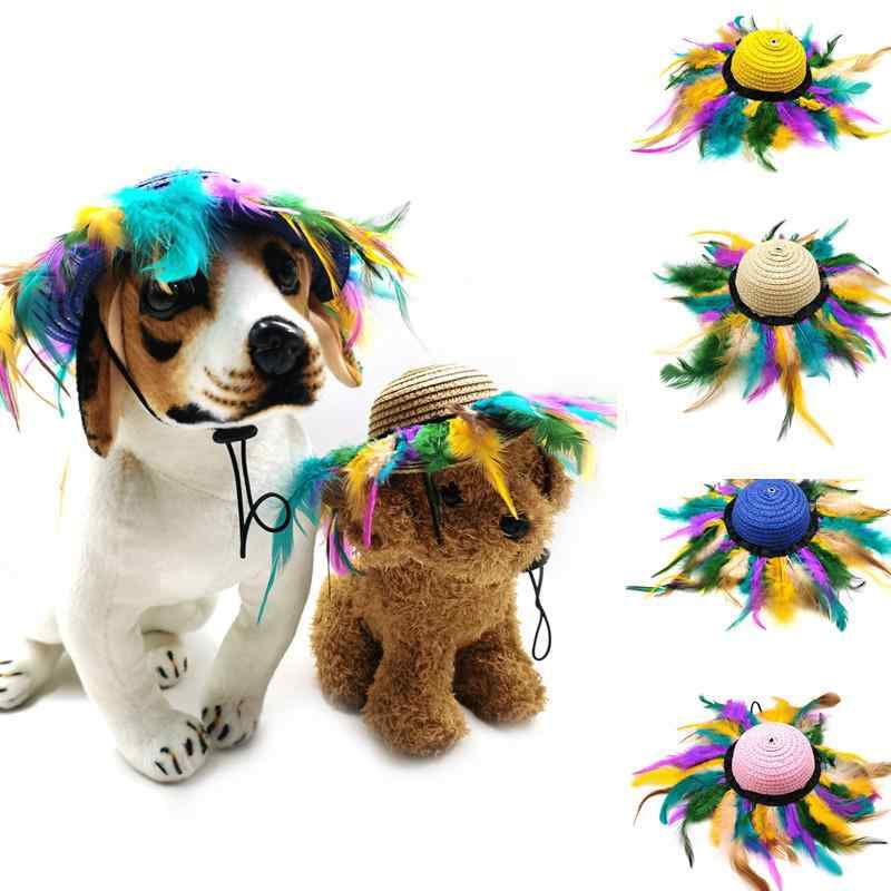 ペット用 麦わら帽子 犬猫兼用 カラフル 羽根飾り ハロウィン パーティー 仮装 コスプレ おもしろ かわ..