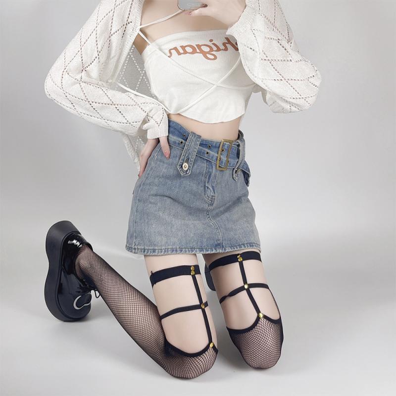 網タイツ レディース 通気性 薄手 スタイルアップ ダークセクシー ニーハイ丈 メタルバックル 編み上げ..