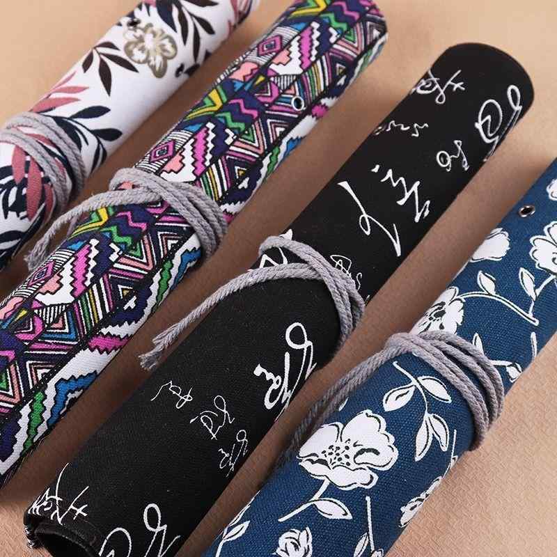 筆巻き ロールアップ式 帆布 書道 習字 文房四宝 携帯用 レトロ 中国風 ペンケース 筆入れ 大容量 花柄..