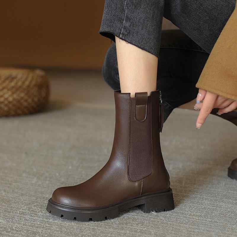 チェルシーブーツ レディース 厚底 チャンキーヒール ミドルヒール カジュアル ショートブーツ ラウンドトゥ 大きいサイズ ビッグサイズ 秋冬 春 フェイクレザー バックジップ ボア裏地 防寒