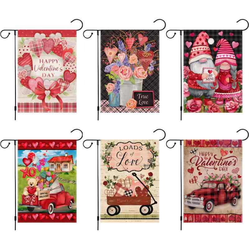 フラッグ バレンタインデー 両面印刷 リネン製 ガーデンフラッグ 車 ノーム柄 かわいい 庭園装飾 屋外 ..