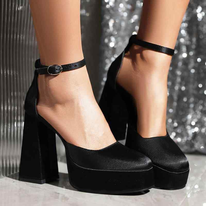 サンダル レディース 春夏 スクエアトゥ サテン生地 太ヒール ハイヒール アンクルストラップ オープン..