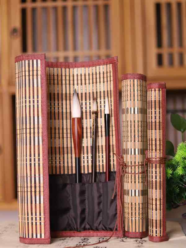 筆巻き 小学生 書道用品 習字道具 携帯用 竹製 天然素材 収納 保護 おしゃれ 中国風 伝統デザイン 水墨画