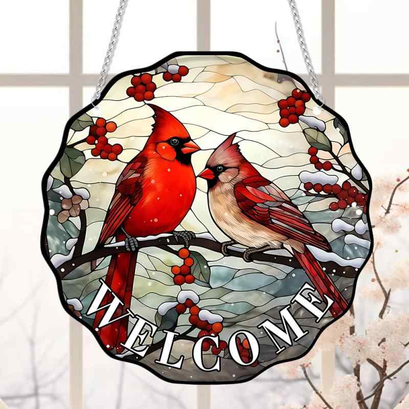 クリスマス オーナメント アクリル製 カササギ 鳥モチーフ 丸型プレート チェーン付き 吊り下げ式 軽量..