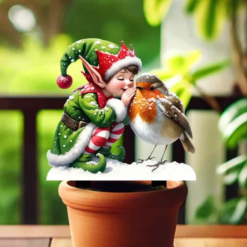 ガーデンピック クリスマス ノーム コマドリ アクリル製 アメリカンカントリー ボヘミアン調 屋外 庭 ..