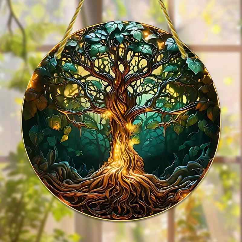 オーナメント 生命の樹 緑色 ステンドグラス風 アクリル製 丸型 屋外対応 窓飾り 玄関 ポーチ ウォール..