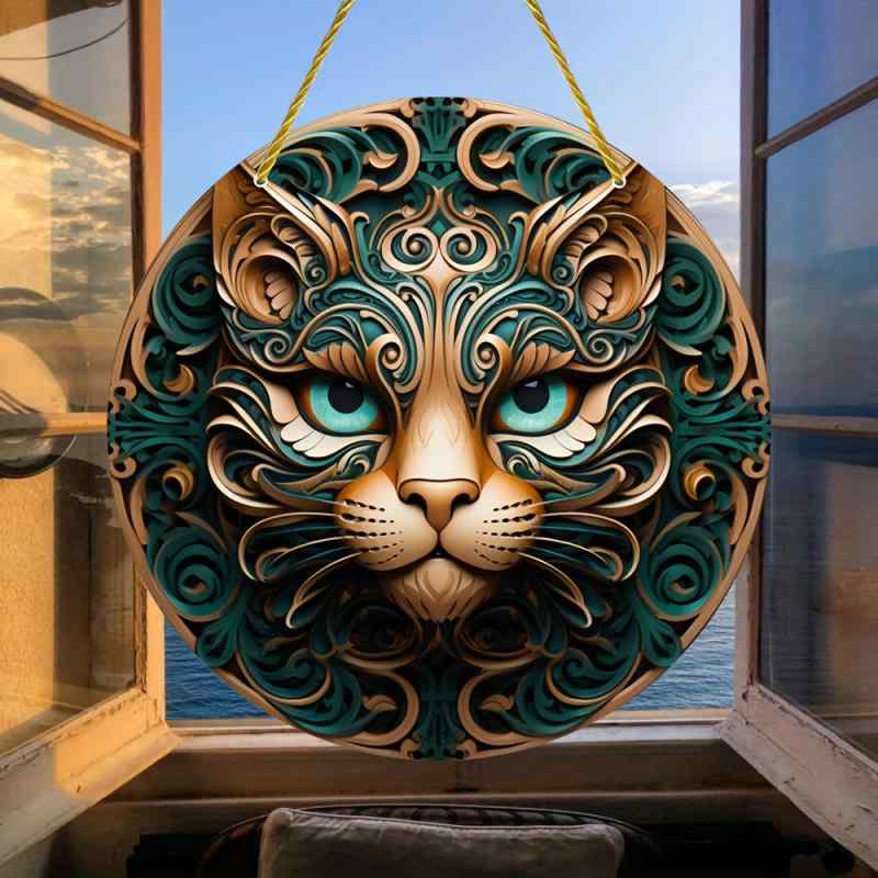 吊り下げ飾り アクリル製 レトロ 神秘的な猫 動物 グリーン 手描き ペイント チェーン付き 窓 玄関 ポ..