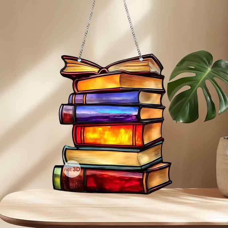 インテリア 吊り下げオーナメント 個性的 ランプのブックハウス 2D平面 アクリル製 印刷加工 チェーン付き 窓 玄関 ドアプレート