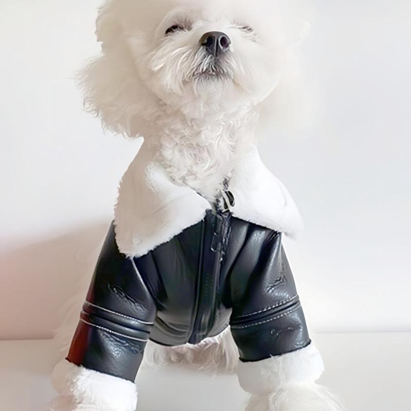 犬服 中小型犬 あったか 保温 防寒 裏起毛 フェイクレザー 革ジャン風 中綿コート 秋冬 シュナウザー ..