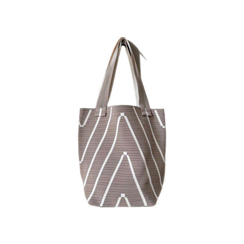 バッグ レディース ニット バケツ型ショルダーバッグ ハンドバッグ ストライプ 編み込み 切り替え バイ..