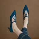 パンプス レディース ポインテッドトゥ ミドルヒール 5cm 浅口 Tストラップ メリージェーン スエード調 チャンキーヒール ラインストーン 韓国ファッション...