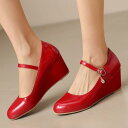 パンプス レディース 通勤 オフィス エナメル ウェッジソール メリージェーン ラウンドトゥ ストラップ ハイヒール 6-8cm 安定感 春夏秋冬 大きいサイズ...