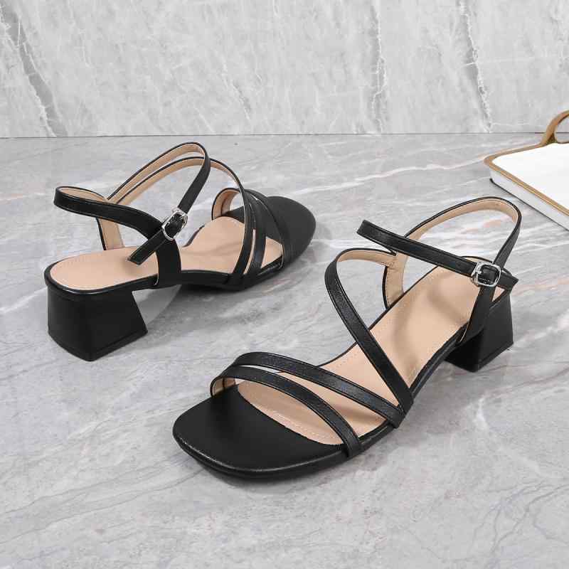 サンダル レディース ソフトレザー ミドルヒール 太ヒール シンプル エレガント ワンストラップ アンク..