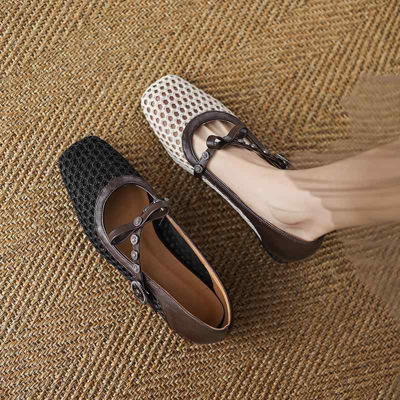 メリージェーンシューズ レディース 小さいサイズ 大きいサイズ 透かし編み 太ヒール ローヒール リボン バックル スクエアトゥ メッシュ 浅履き 無地 パンプ...