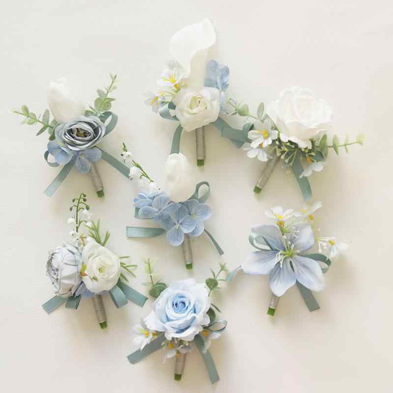 コサージュ リストブーケ 西洋風 森林系 爽やか 布製 エレガント ゲスト 宴会 パーティー 結婚式 披露宴 ブライダル ウェディング フォーマル 白 青