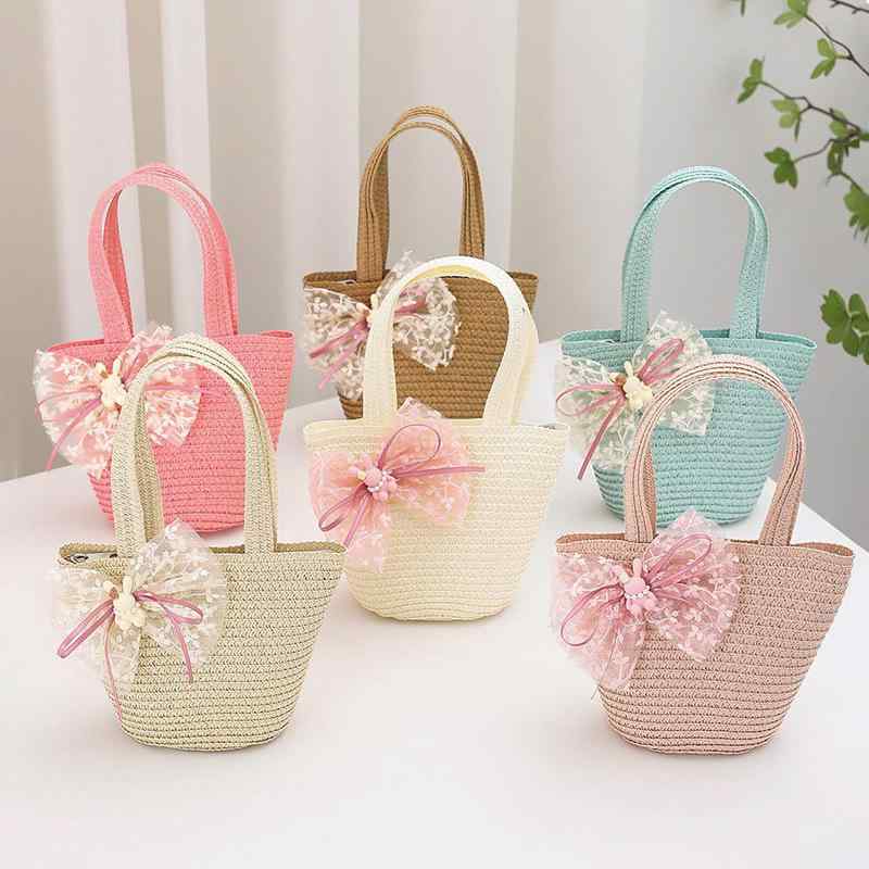 小銭入れ 女の子 夏 ストロー素材 レース リボン 編み込み 手提げ 肩掛け 斜めがけ バケツ型 ミニショ..