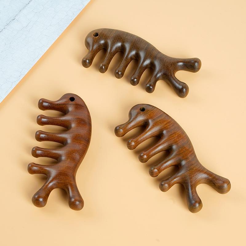 頭皮マッサージブラシ 緑檀木 金糸檀木製 多機能ヘッドケアコーム 五本歯 球状先端 経絡ツボ押し スカルプケア 癒し 美髪 健やかな頭皮 血行促進