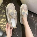 パンプス レディース 春夏 ラインストーン キラキラ リボン メッシュ 通気性 スリッポン 厚底 ウェッジソール ミドルヒール ステッチデザイン ローファー カ...