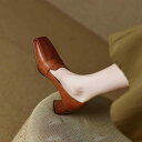 パンプス レディース ブラウン 本革 牛革 スクエアトゥ 太ヒール 深め履き口 豚革裏地 ゴム底 春秋 レトロ カジュアル デイリー オフィス 通勤