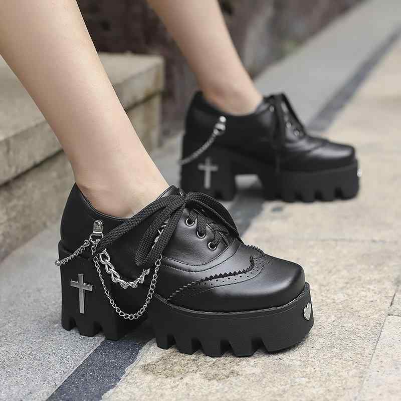 パンプス レディース 女性用 厚底 プラットフォーム 太ヒール 高ヒール ブローグ パンクスタイル メタル装飾 スクエアトゥ 浅口 レースアップ PUレザー マ...