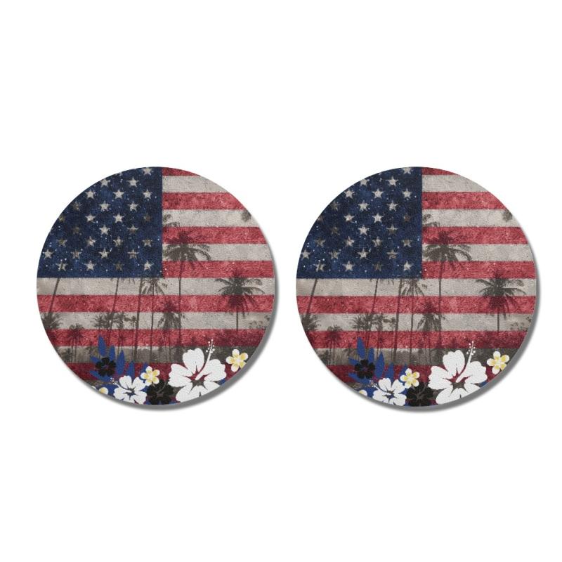 車載用 コースター PUレザー 国旗柄 花柄 プリント ドリンクホルダーマット 収納スロット対応 円形 防..