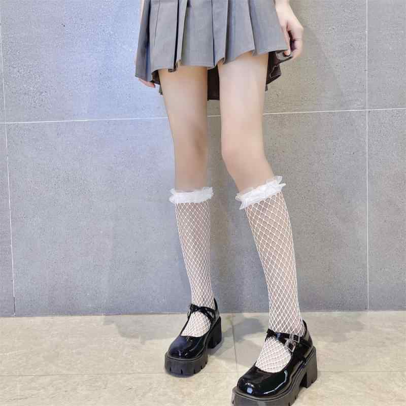 ソックス レディース 女性用 オーガンジー シアー メッシュ フィッシュネット 透け感 セクシー 薄手 2WAY ミドル丈 クルー丈 ナイロン 通気性 美脚 スタイルアップ ガーリー かわいい 春夏秋 ブラック