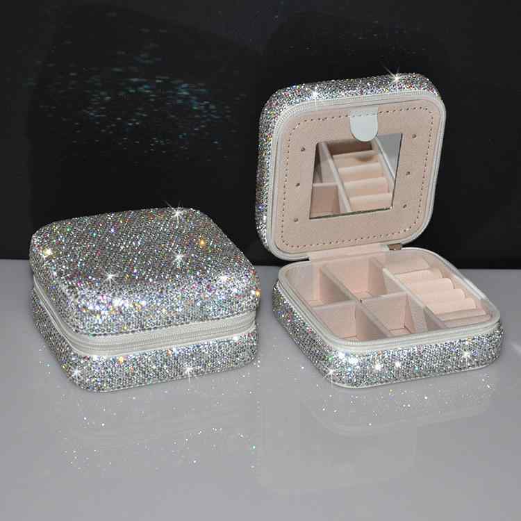ジュエリーボックス 旅行用 携帯用 ミニ コンパクト ラインストーン ジルコニア レザー調 ハードケース..