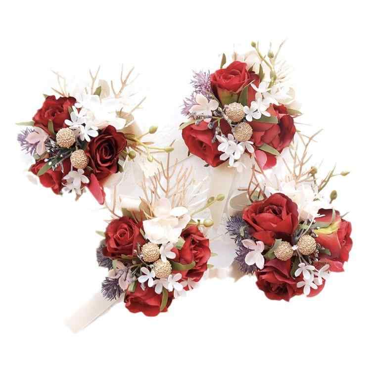 コサージュ リストブーケ 造花 アートフラワー レトロ 赤色 ブライダル 結婚式 披露宴 ゲスト パーティー 宴会 中華風 布製 セレモニー 上品 胸飾り(x2)