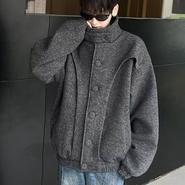 コート メンズ 厚手 形態安定 ポケット付き 秋冬 ショート丈 スタンドカラー シングルボタン 韓国風 レトロ 個性的なデザイン ゆったり オーバーサイズ メルトン素材 カジュアル グレー