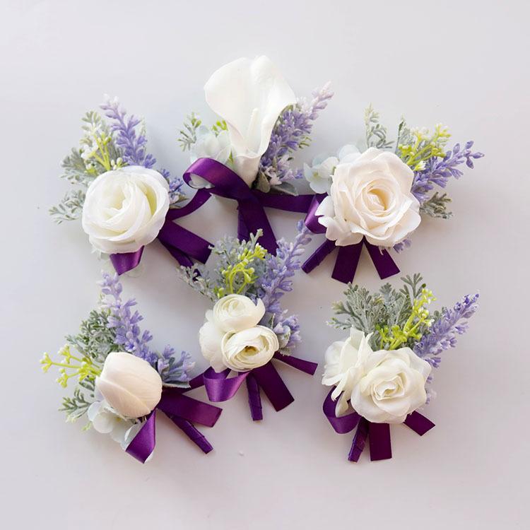 ウェディング 造花 コサージュ リストブーケ 結婚式 披露宴 ゲスト ブライダル パーティー フォーマル セレモニー 開業祝い イベント 紫 パープル 布製(x2)