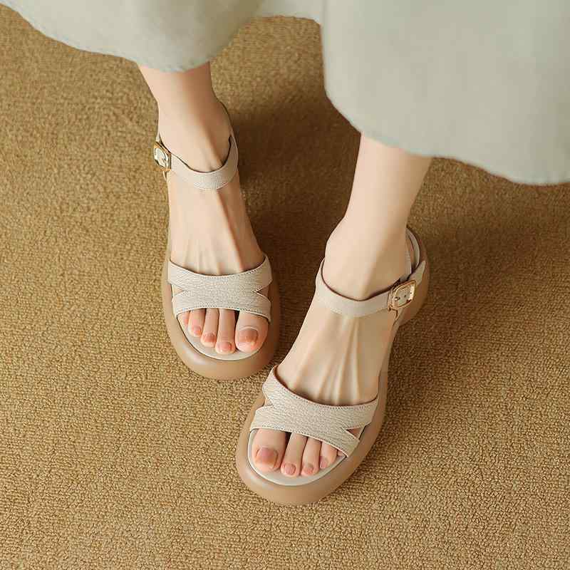 サンダル レディース 羊革 オープントゥ ワンストラップ バックル 太ヒール シンプル 通勤用 ラバーソ..