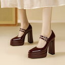 メリージェーン パンプス レディース 12cm ハイヒール 厚底 プラットフォーム 太ヒール ストラップ エナメル 浅履き ポインテッドトゥ 無地 パーティー ...