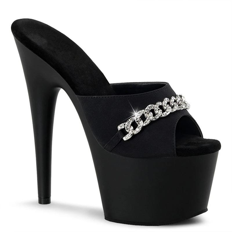 ミュールサンダル レディース 外履き ハイヒール 細ヒール オープントゥ チェーン インフルエンサー ト..