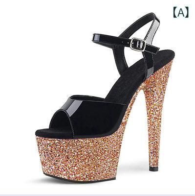 サンダル レディース 春夏 17cm超高ヒール ダンス ウォーキング パフォーマンス シューズ ラメ 厚底 ブ..