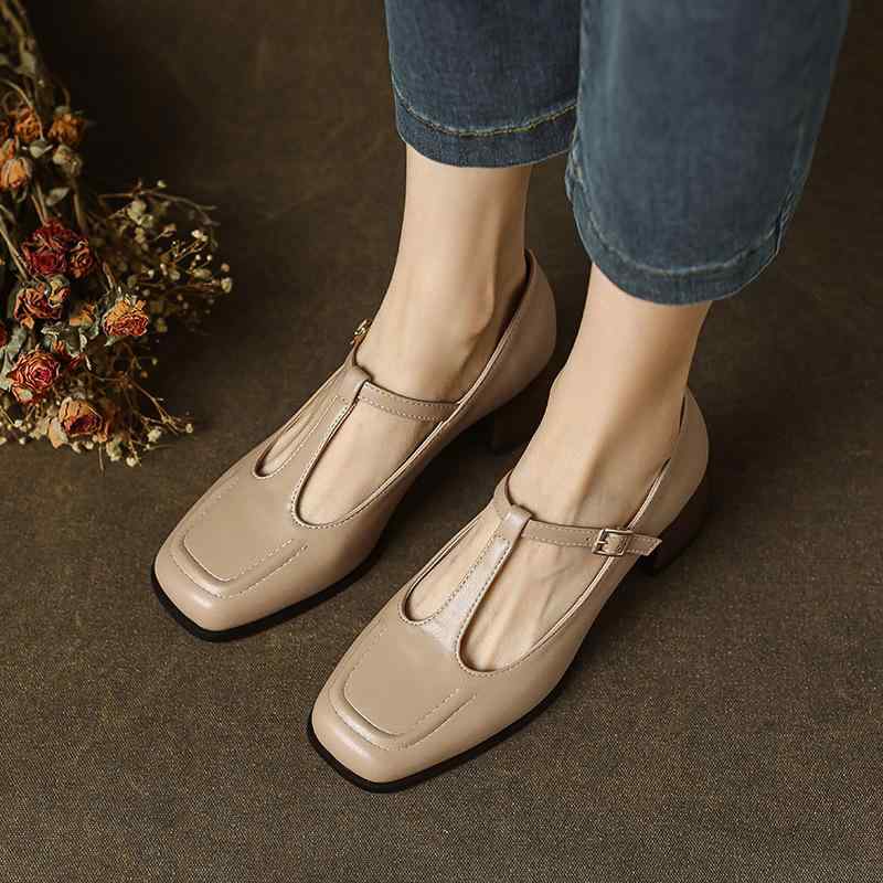 パンプス レディース スクエアトゥ T字ストラップ 太ヒール チャンキーヒール ミドルヒール メリージェーン 安定感 歩きやすい PUレザー デイリーユース オールシーズン ブラック ベージュ 幅広いサイズ対応