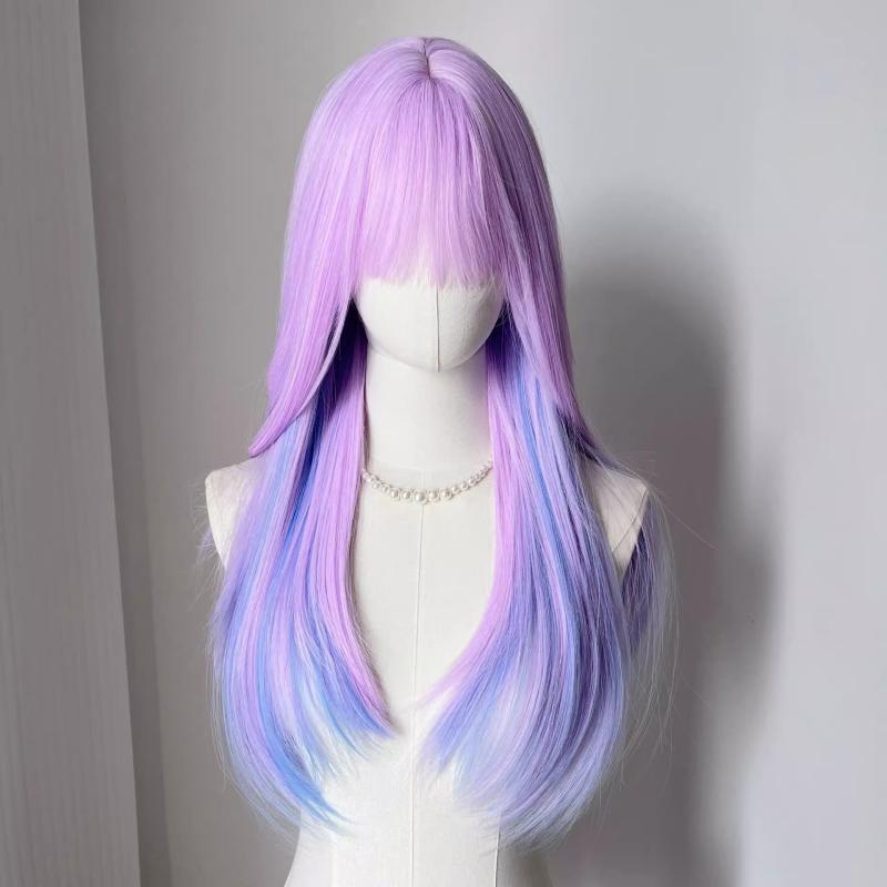ウィッグ レディース ぱっつん前髪 ロングストレート くすみパープル ブルー ハイライト フルウィッグ ..