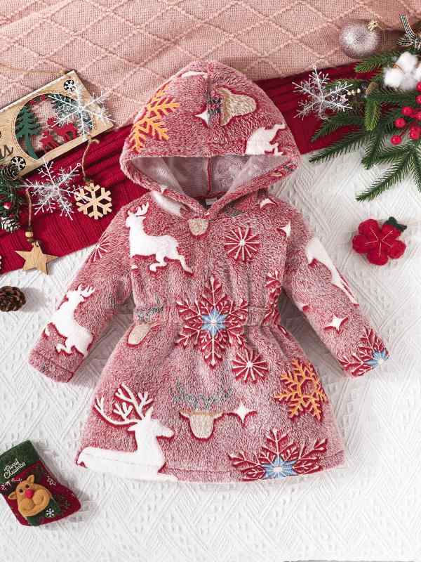 ワンピース ベビー 女の子 秋冬 クリスマス 雪の結晶 トナカイ柄 フード付き 長袖 Aライン フランネル ..