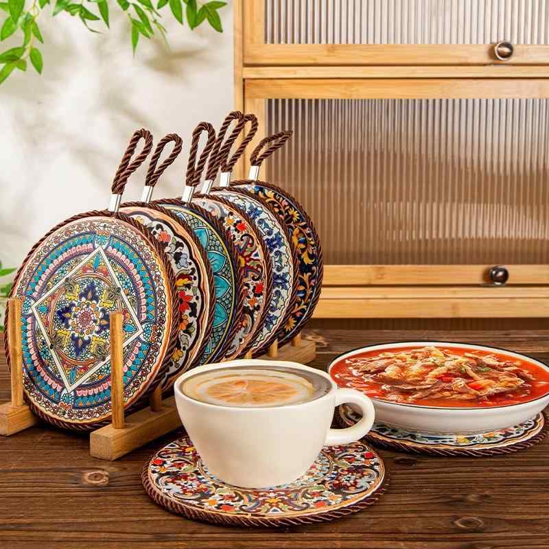 マット 大型 竹製 耐熱 高温対応 断熱 滑り止め やけど防止 高級感 ランチョンマット 鍋敷き ポットマット コースター カップマット ダイニングテーブル 食卓 食卓マット 家庭用 丸型 和モダン アジアン レトロ