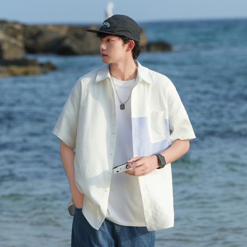 シャツ メンズ 接触冷感 半袖 開襟 チェック柄 コットン ポリエステル 春夏 トレンド カジュアル 万能 通勤用 イージーケア スリムフィット ホワイト ブラック(4)