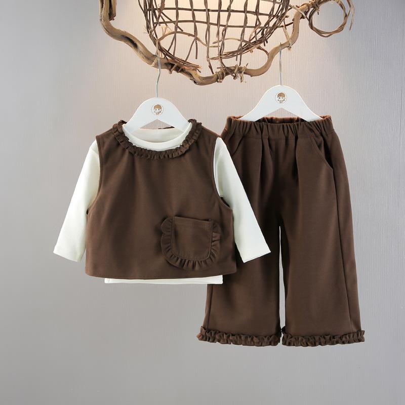 キッズ 女の子 ベビー カジュアル おしゃれ 春秋 長袖 無地 綿 コットン 部屋着 普段着 スリーピース セットアップ インナー ベスト ロングパンツ