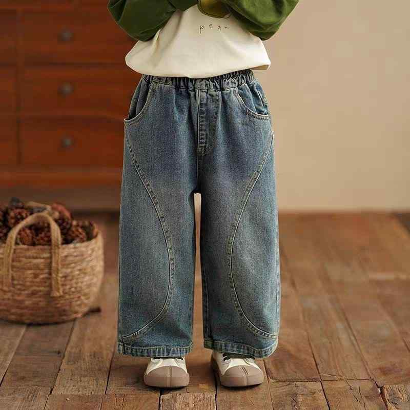 デニムパンツ 女の子 キッズ 子供 春秋 切り替え ゆったり ストレートパンツ 韓国ファッション おしゃれ かわいい レトロ 個性的 ブルー 3歳 8歳 向け ウエストゴム